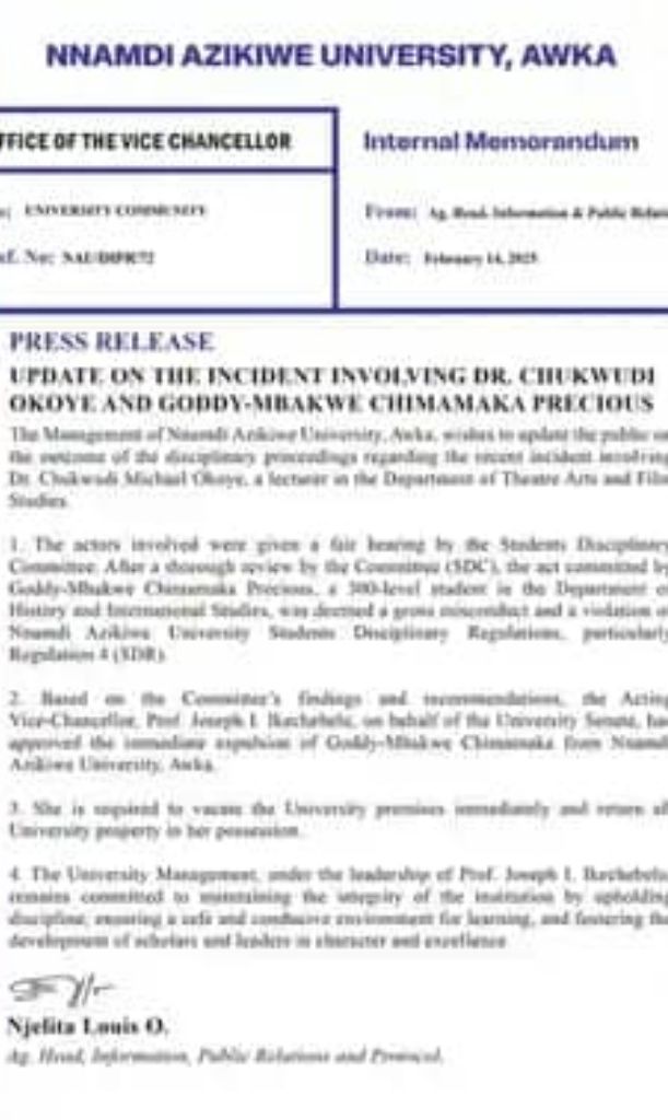 A statement released by UNIZIK