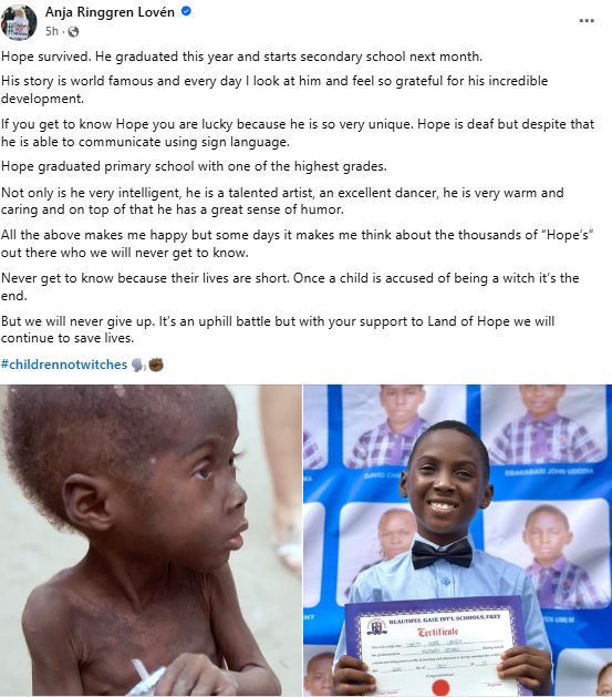 Boy rescued after being abandoned and branded a ‘witch’ graduates primary school