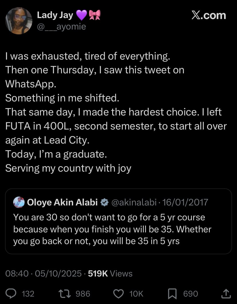 Lady who quit FUTA at 400 level shares how she finally made it