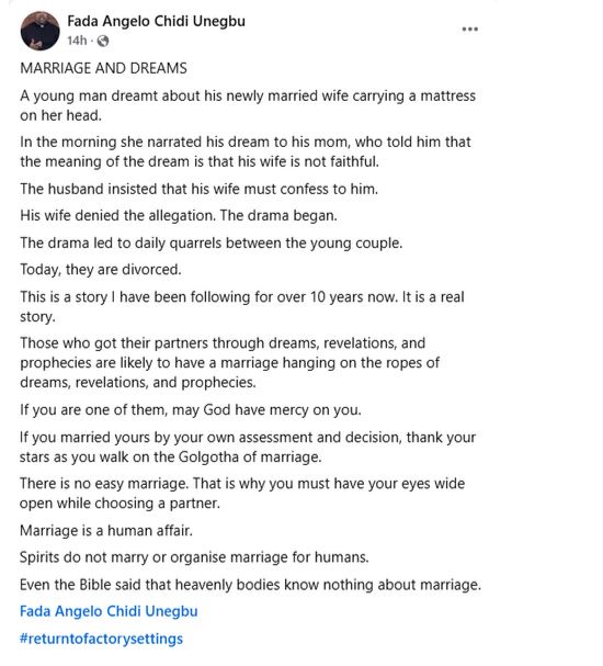 Marriage collapses after husband’s dream of wife cheating