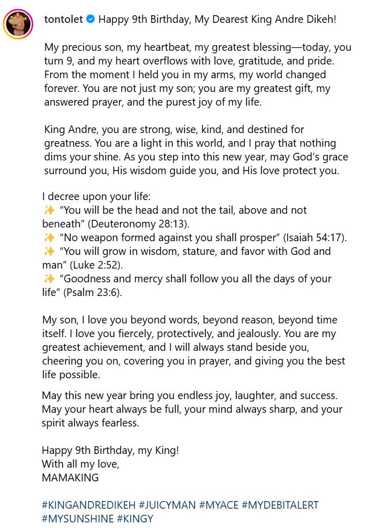 Tonto Dikeh celebrates son Andre’s 9th birthday, calls him her ‘greatest gift’