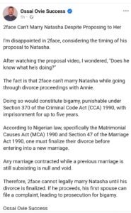 “2Face risk going to prison for five years” – Ossai Ovie Success