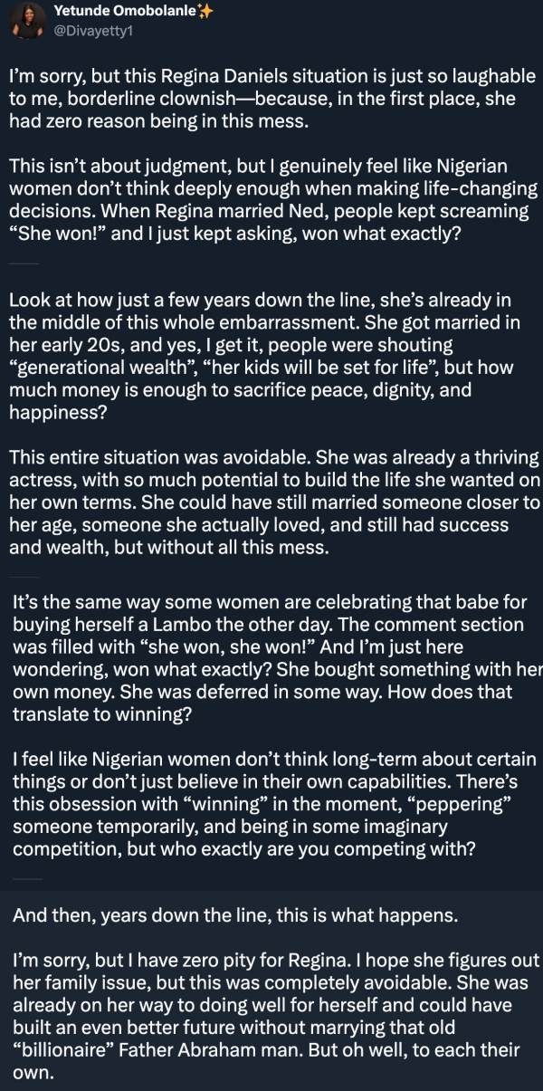 “Why I don’t pity Regina Daniels” – Lady mocks actress amid alleged marital crisis