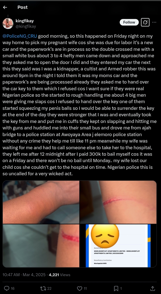 Man rushing home to pick wife in labor loses newborn after police label him kidnapper, extort ₦300k