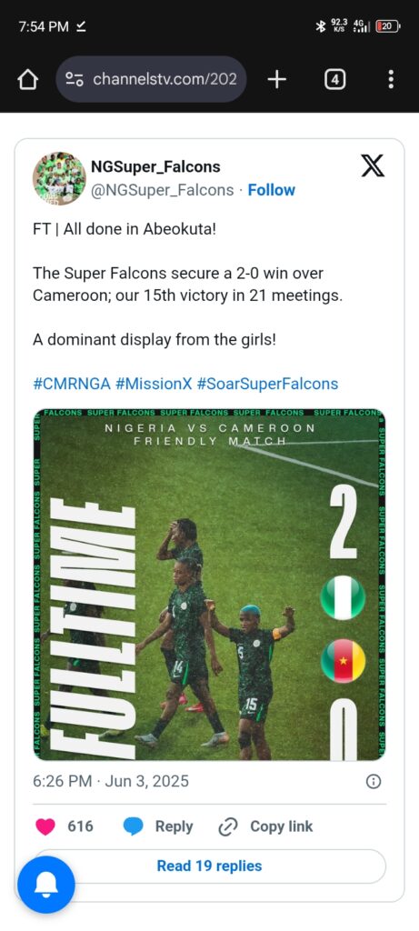 Ajibade Scores Brace As Super Falcons Beat Cameroon Women