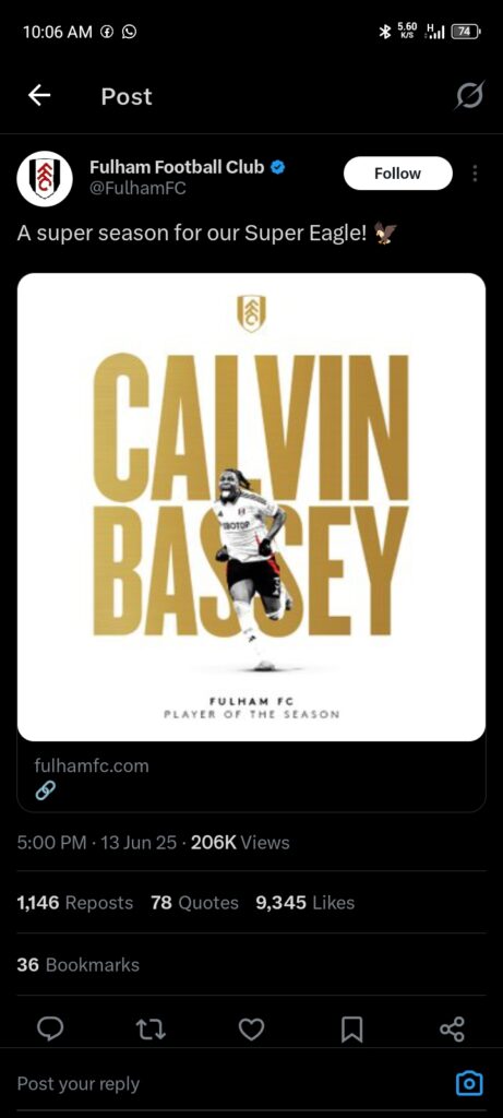 EPL: Calvin Bassey Beat Iwobi, Others To Win Fulham Player Of The Season