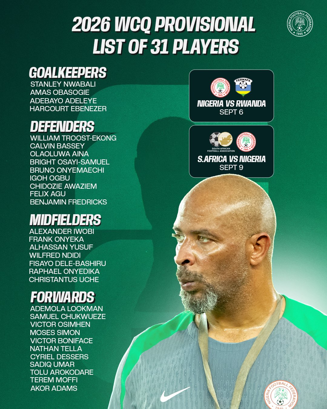 Chelle Names 31-Man Super Eagles Squad For 2026 World Cup Qualifiers Against Rwanda, South Africa