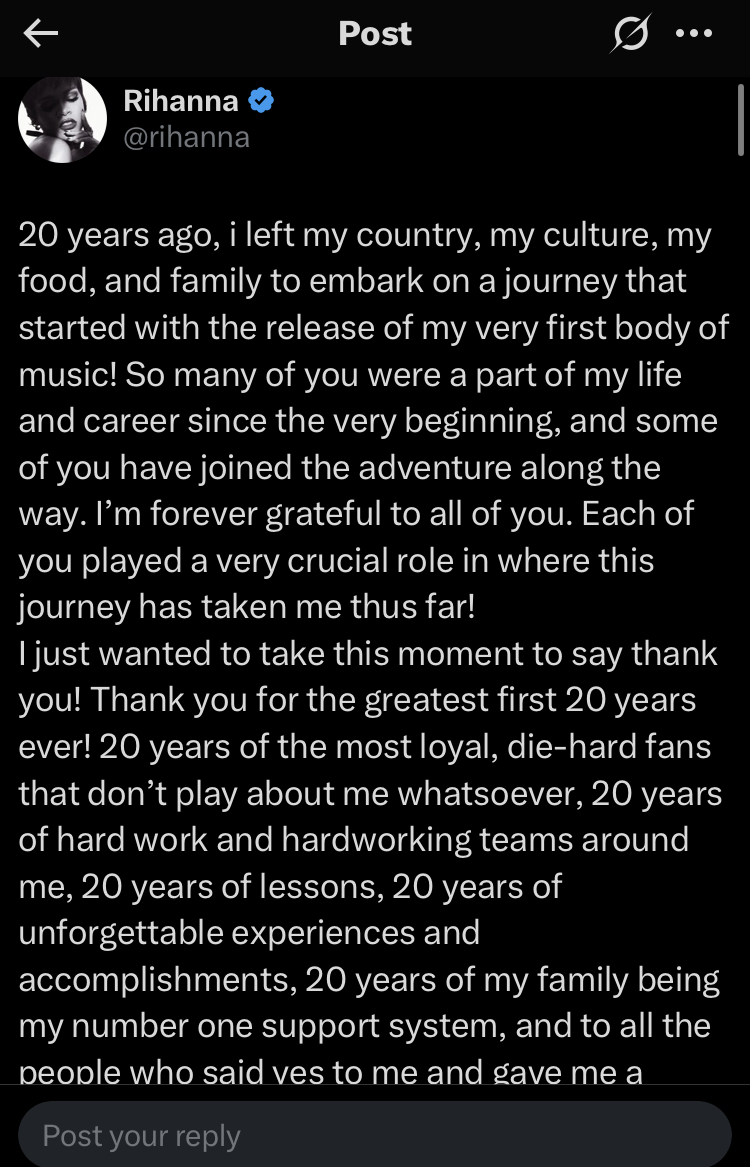 Rihanna Celebrates 20 Years In Music With Heartfelt Message To Fans, Family
