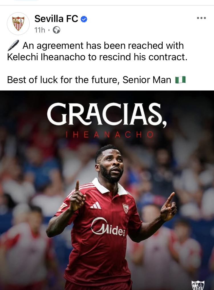 Sevilla, Kelechi Iheanacho Part Ways After Mutual Agreement, Celtic Move Imminent