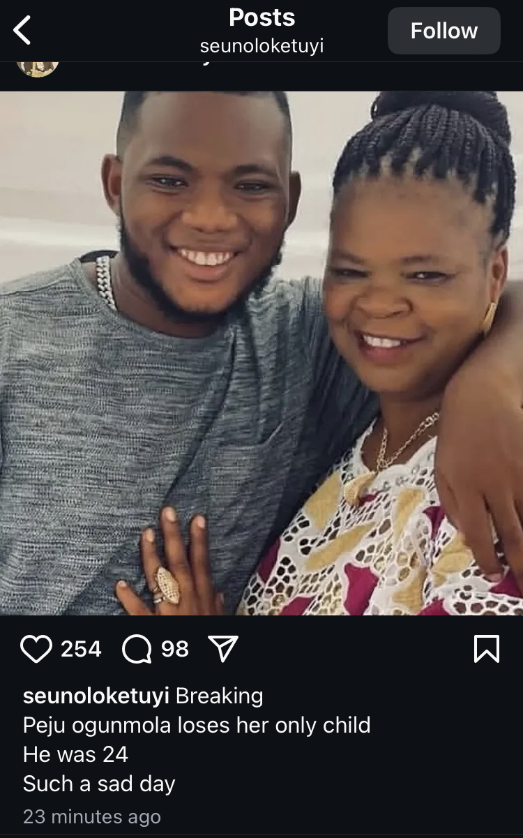 Veteran Actress Peju Ogunmola Loses Only Son At 24