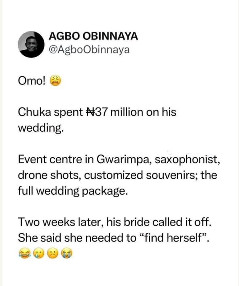 Bride ends marriage 2 weeks after ₦37 million wedding, says she needs to ‘find herself’
