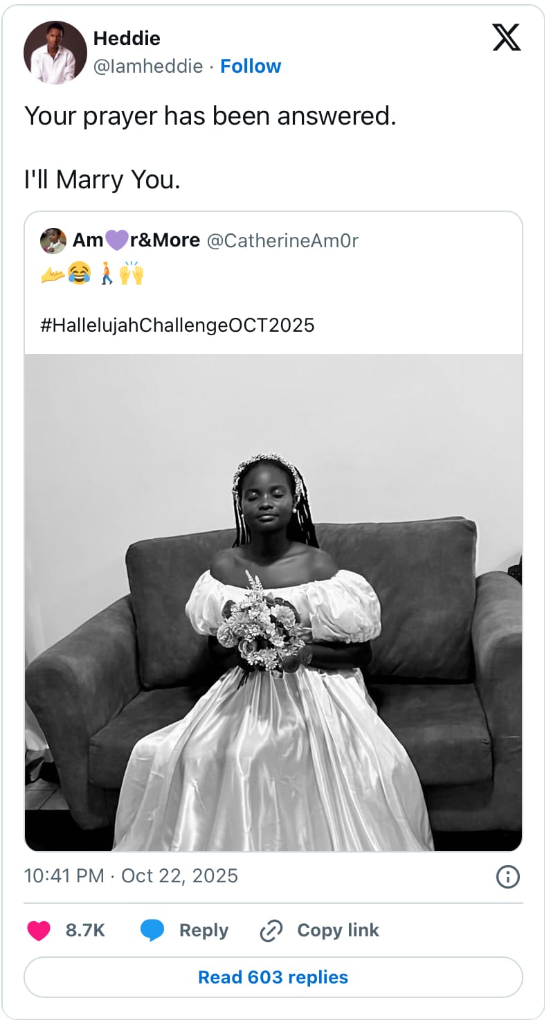 “Not her spec?” – Lady who dressed as bride for Hallelujah Challenge rejects suitor who offered to marry her