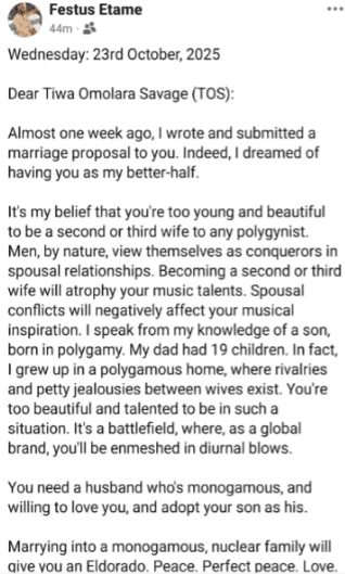 “I can satisfy u and give u peace…” – Isoko man reaches out to Tiwa Savage with marriage proposal following ‘second wife’ comment