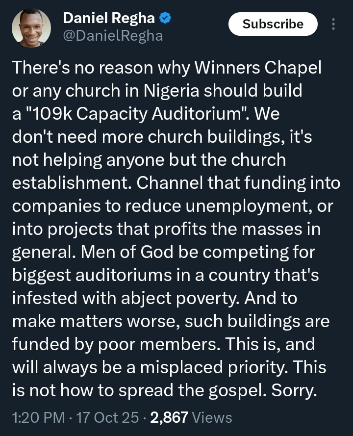Man blasts Nigerian pastors for building massive church auditoriums instead of industries