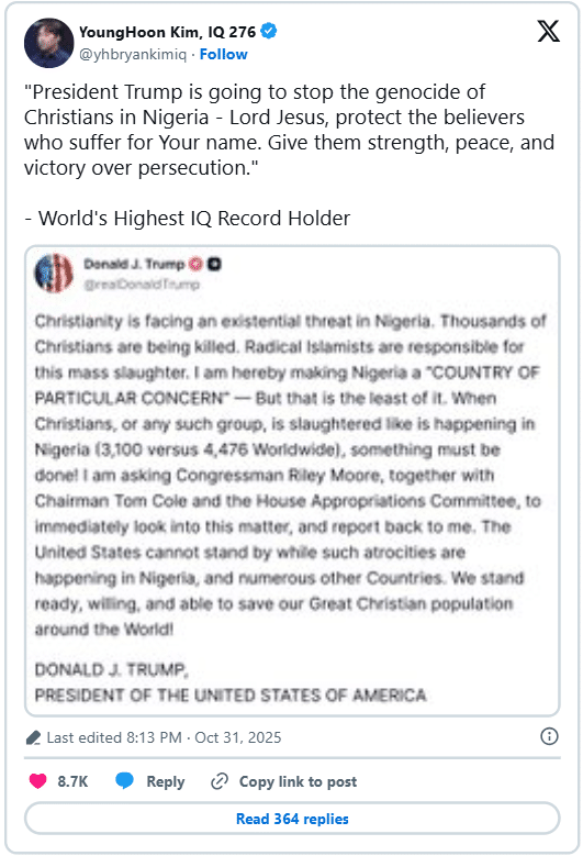 World’s highest IQ record holder reacts to Trump’s ‘plan’ on Nigeria