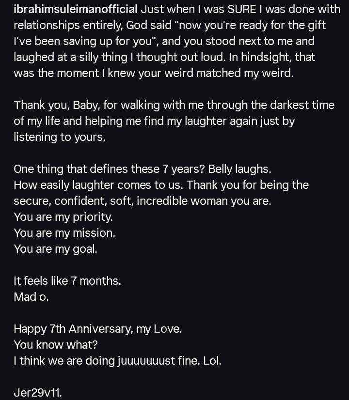 Ibrahim Suleiman, Linda Ejiofor mark 7th wedding anniversary with emotional tributes