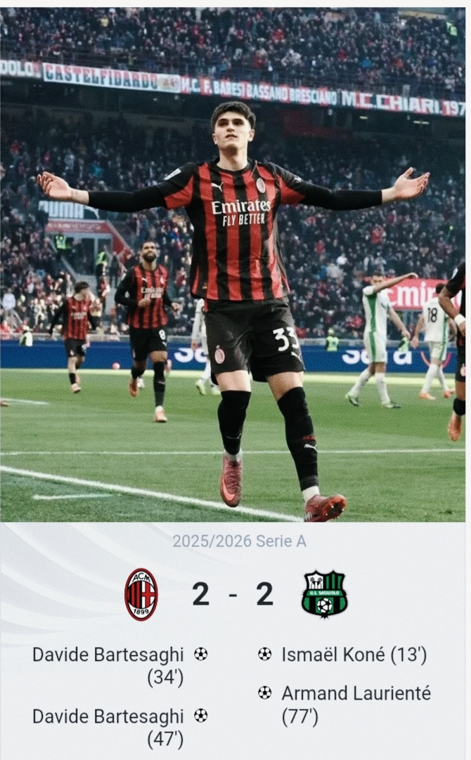 Milan 2-2 Sassuolo: Bartesaghi shines the pitch with two brilliant goals