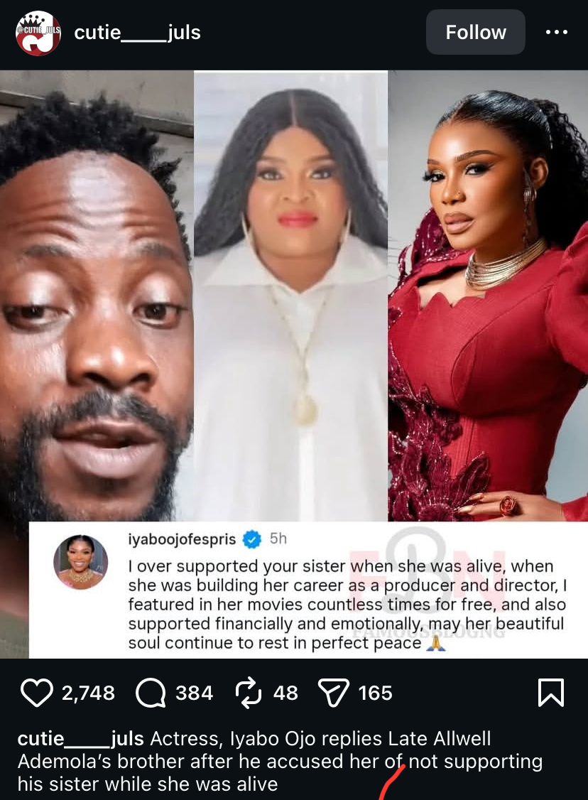 “Where were u when my sister needed u?” – Late Allwell’s brother calls out Nollywood stars, Iyabo Ojo reacts