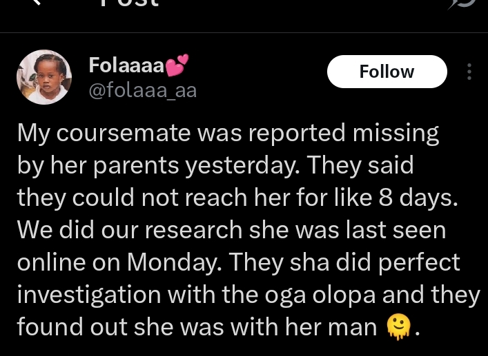 Female student missing for 8 days found chilling at boyfriend’s house