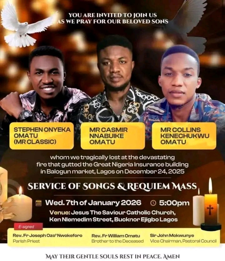 Memorial Service Announcement for Three Biological Brothers Who Died After Getting Trapped in a Fire Incident at Great Nigeria Insurance House