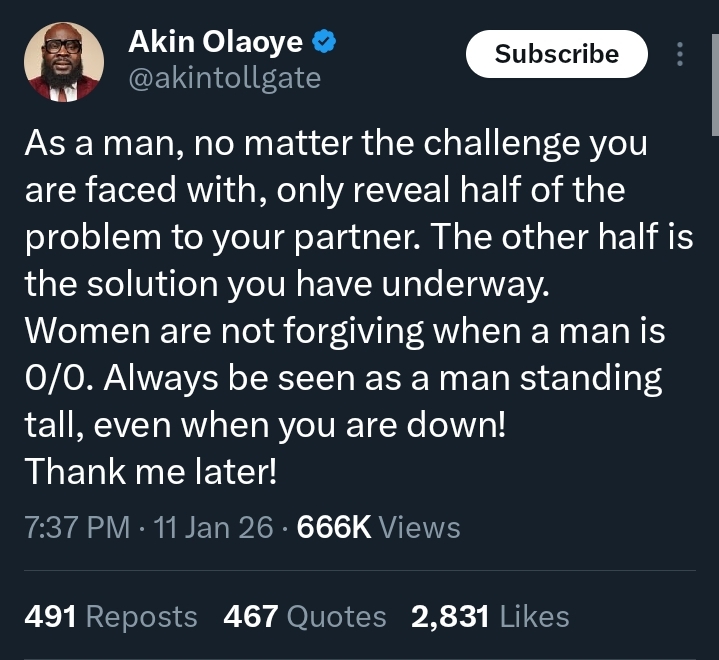 “No matter the challenge you face, don’t reveal everything to your partner, women don’t forgive 0/0” – Man sparks online reactions