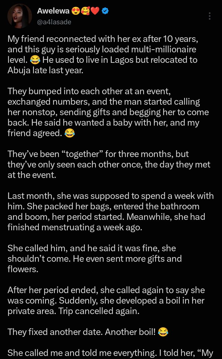 “Something no clear here” — Lady recounts how friend ended relationship with millionaire ex after strange setbacks
